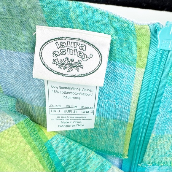 ✅ VINTAGE LAURA ASLEY GREEN/BLUE Plaid LINEN Sleeveless DRESS SIZE 4 - Picture 7 of 7